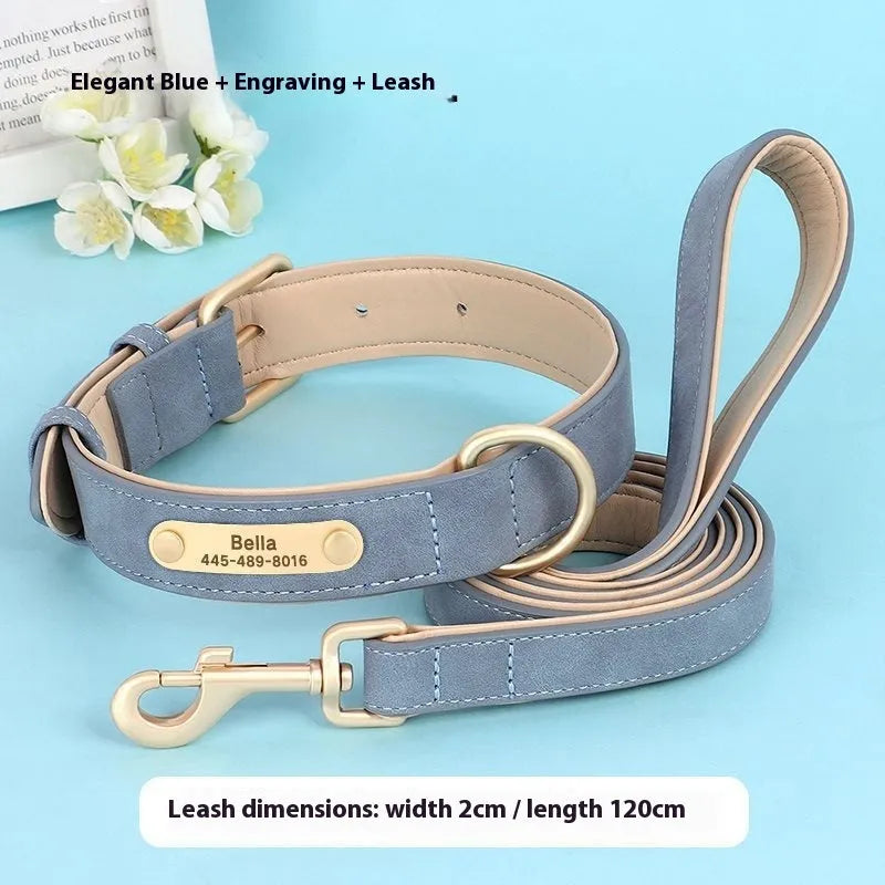 A brown double-layer leather dog collar and matching lead on a grey background, showing the adjustable buckle.