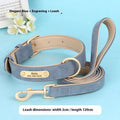 A brown double-layer leather dog collar and matching lead on a grey background, showing the adjustable buckle.