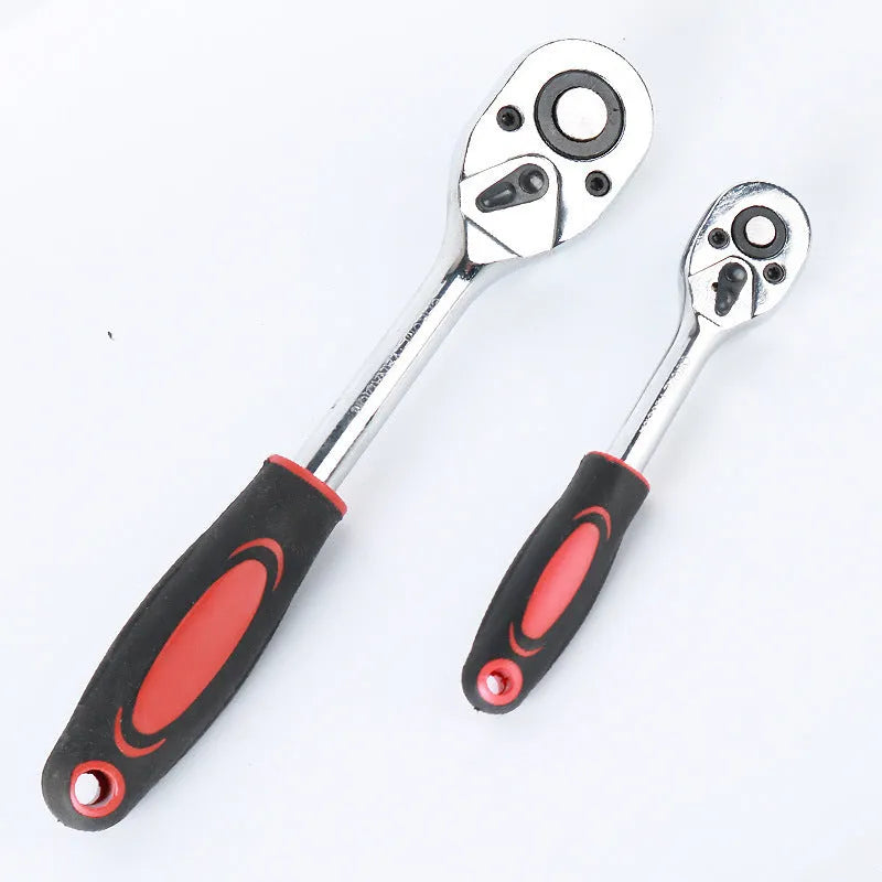 61-piece chrome vanadium steel auto repair tool set with sockets, wrenches, and ratchets on a workbench.