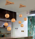 Nordic wood ball chandelier pendant light with adjustable cord and wooden mounting disc