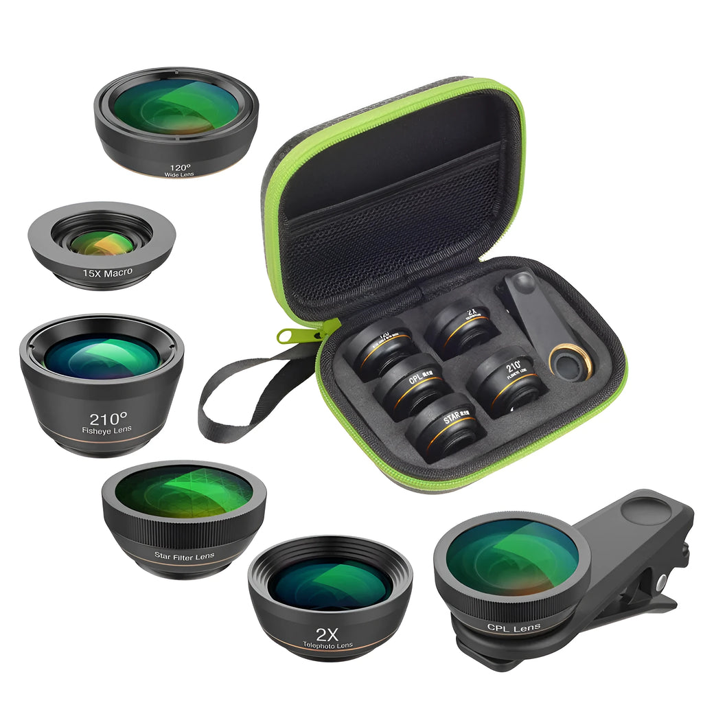 Black aluminium 6-in-1 smartphone camera lens kit with fisheye, macro, telephoto and filter lenses on a universal clip.