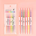 Six double-headed highlighter pens showing round and oblique tips in six different colours