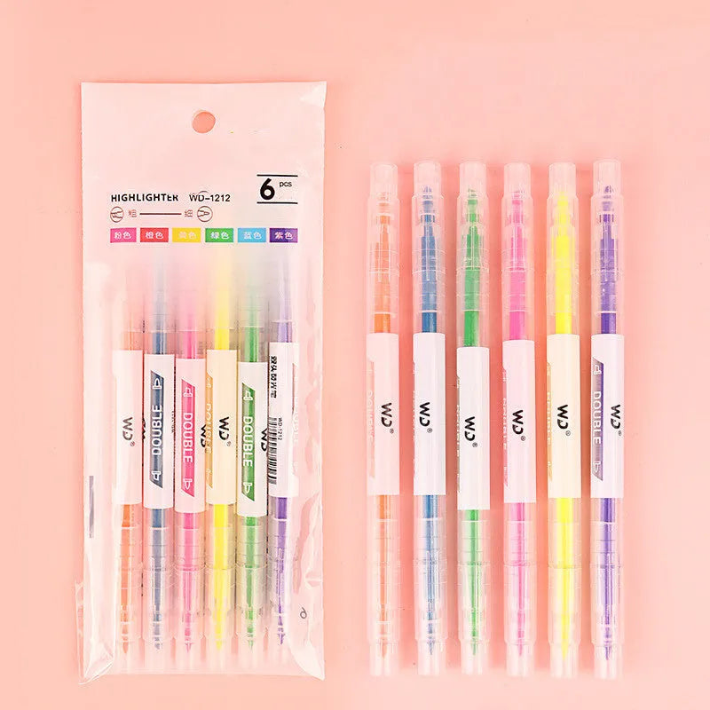 Six double-headed highlighter pens showing round and oblique tips in six different colours