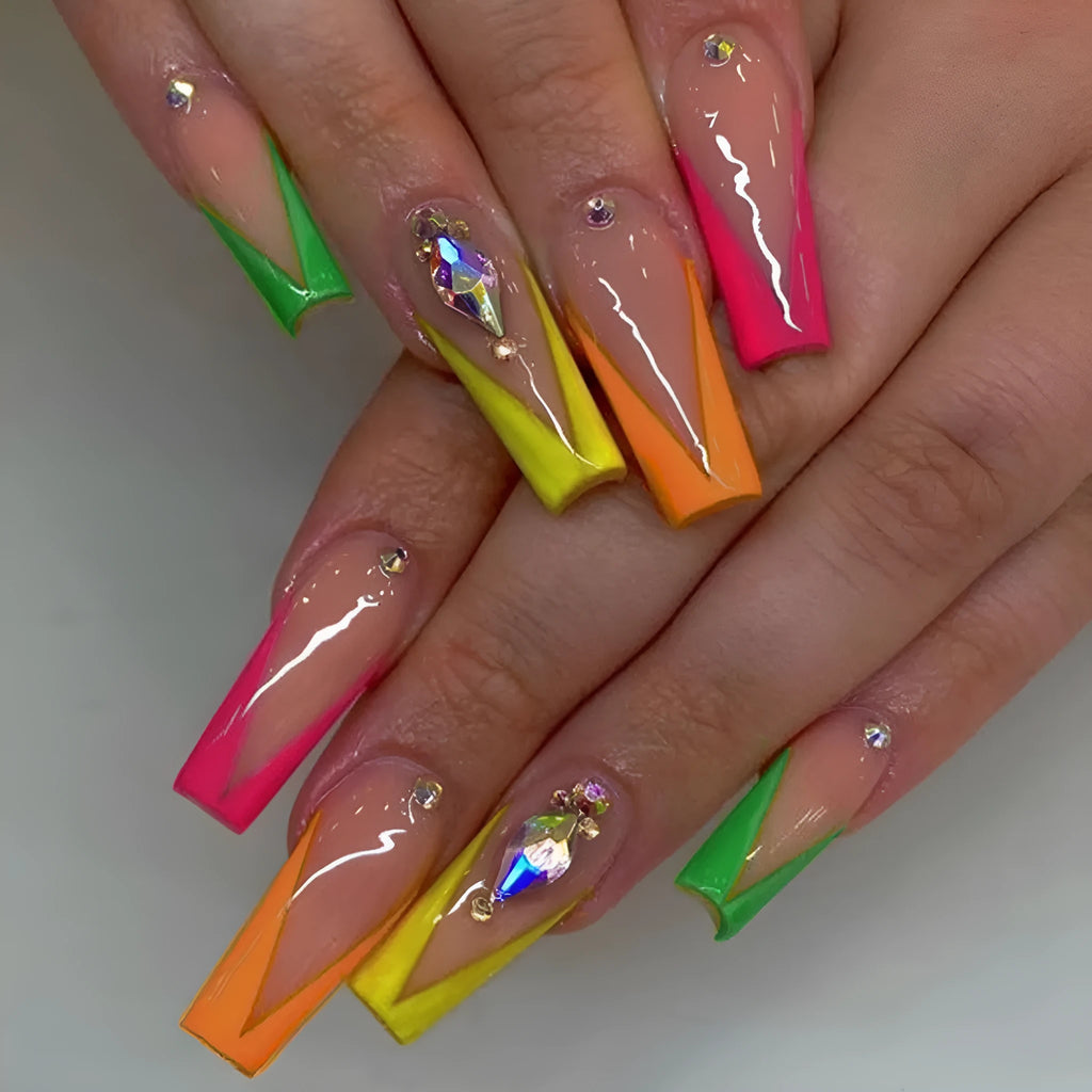 Diamond colour French false nail tips with red cartoon love hearts and black cross designs.