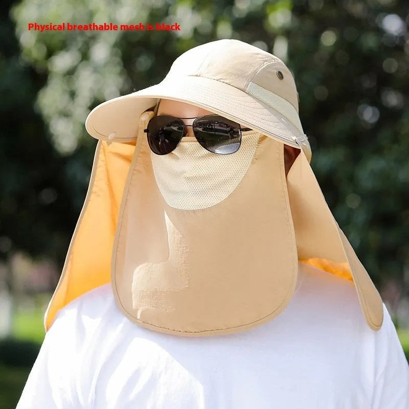 Men's khaki sun protection hat with USB fan and attached face covering shawl for neck protection.