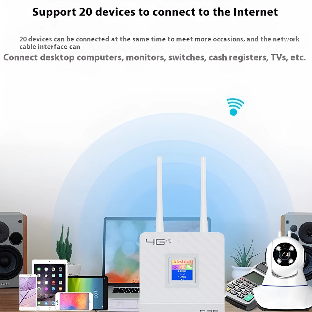 Compact white portable LTE router with two black external antennas standing upright.
