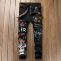 High Street Fashion mens tight fit jeans with 3D colour print mid waist zip placket small straight leg black cotton trousers