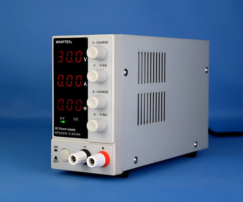 White adjustable DC power supply showing 0-60V 0-5A output controls for mobile phone and notebook repair