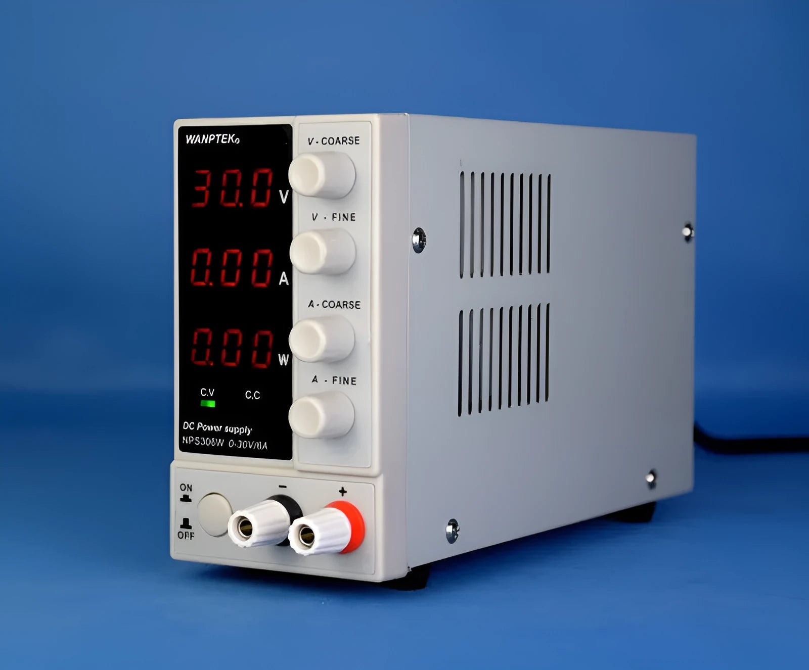White adjustable DC power supply showing 0-60V 0-5A output controls for mobile phone and notebook repair