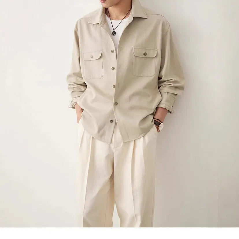 Men's simple profile long sleeve shirt with a cotton lapel collar, shown in Light Sand Rice colour.