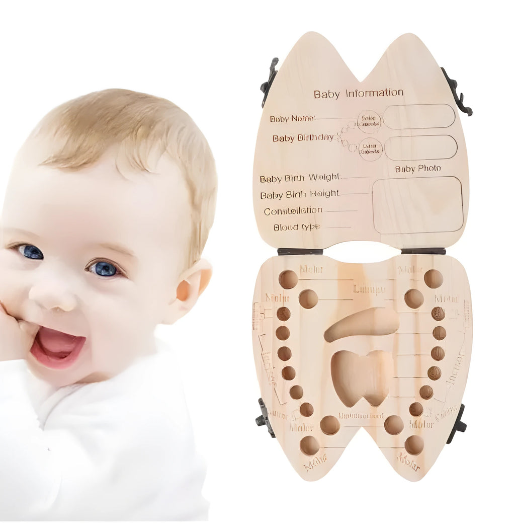 Wooden baby tooth box with carved record table for deciduous teeth storage in natural wood colour