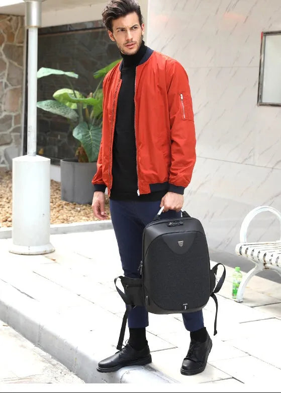 Men's anti-theft cross body double shoulder bag with 15.6 inch laptop pocket in black waterproof polyester