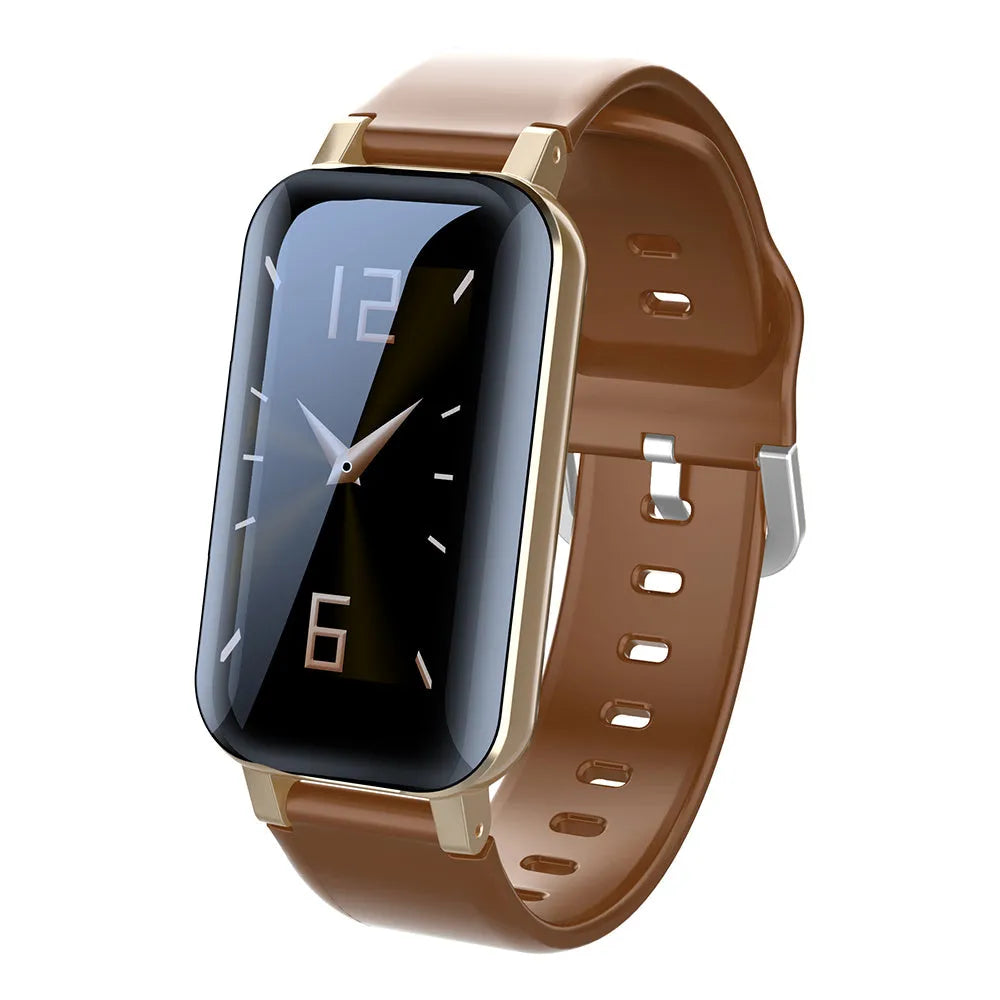 Call Bracelet smart wearable fitness tracker in black, blue, or coffee colour on a wrist.