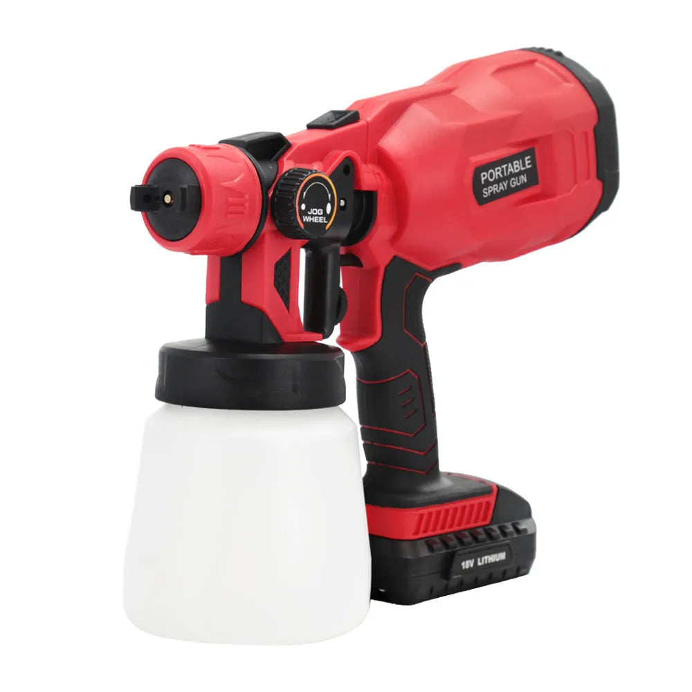 Blue cordless automatic paint spray gun with a large material tank and battery pack.