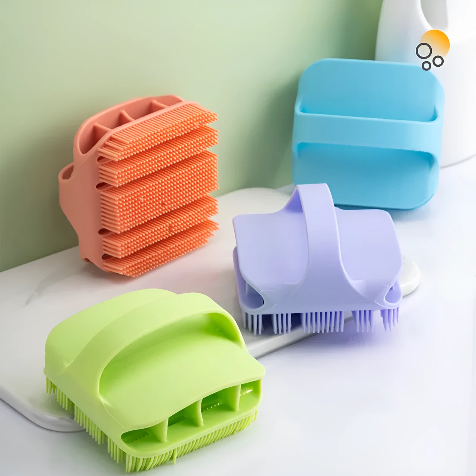 Blue silicone scalp massager shampoo brush with ergonomic handle and long bristles.