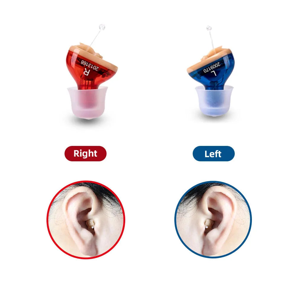 Red and blue Q10 digital hearing aids with automatic calibration and micro wireless design