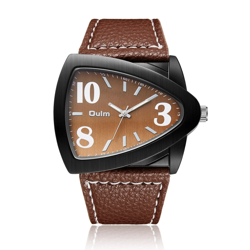 Men's casual quartz watch with triangle belt strap in brown, black, or blue colour option