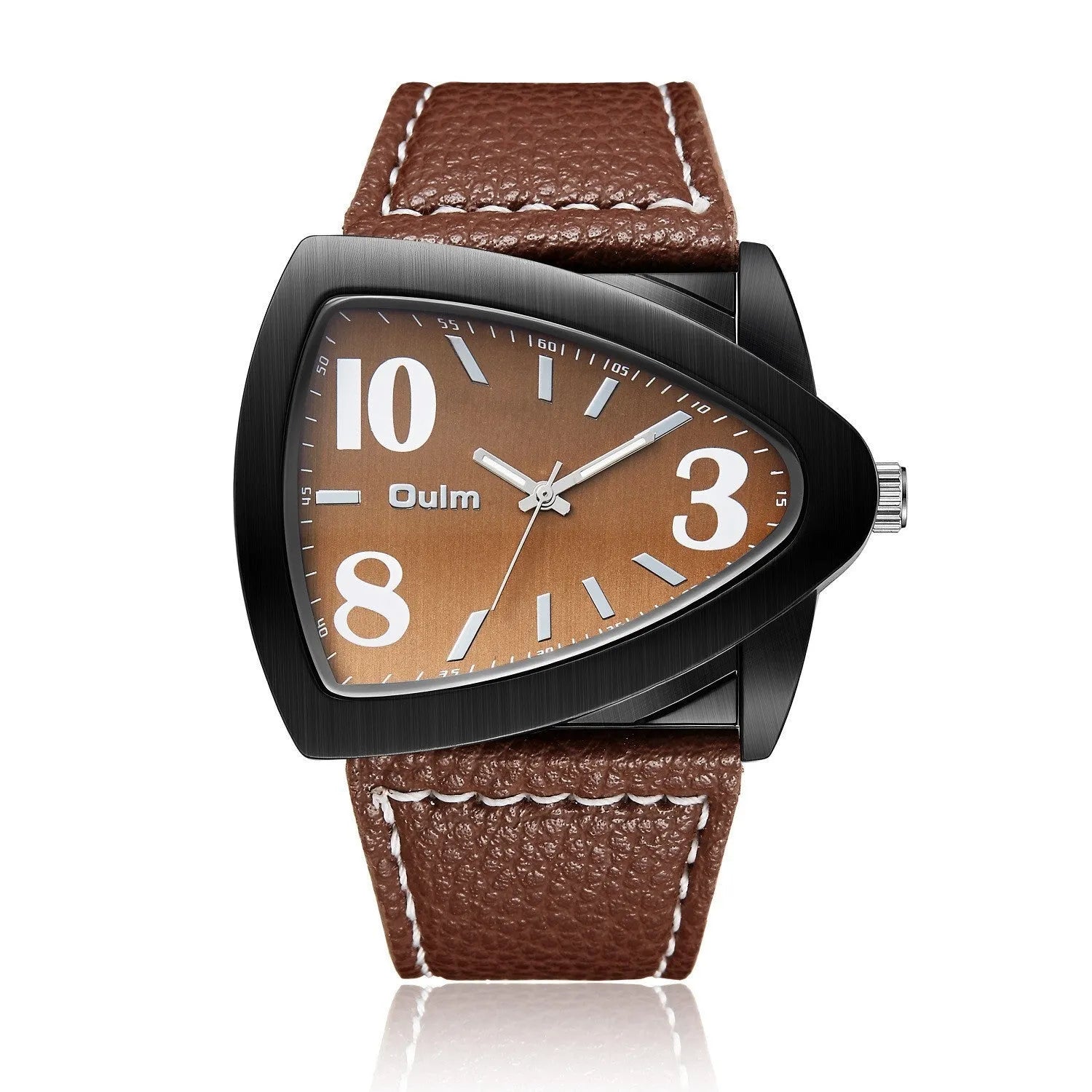 Men's casual quartz watch with triangle belt strap in brown, black, or blue colour option