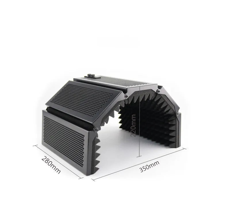 Black 5-door microphone enclosure with sound absorbing foam panels measuring 36 x 28 cm on a microphone stand