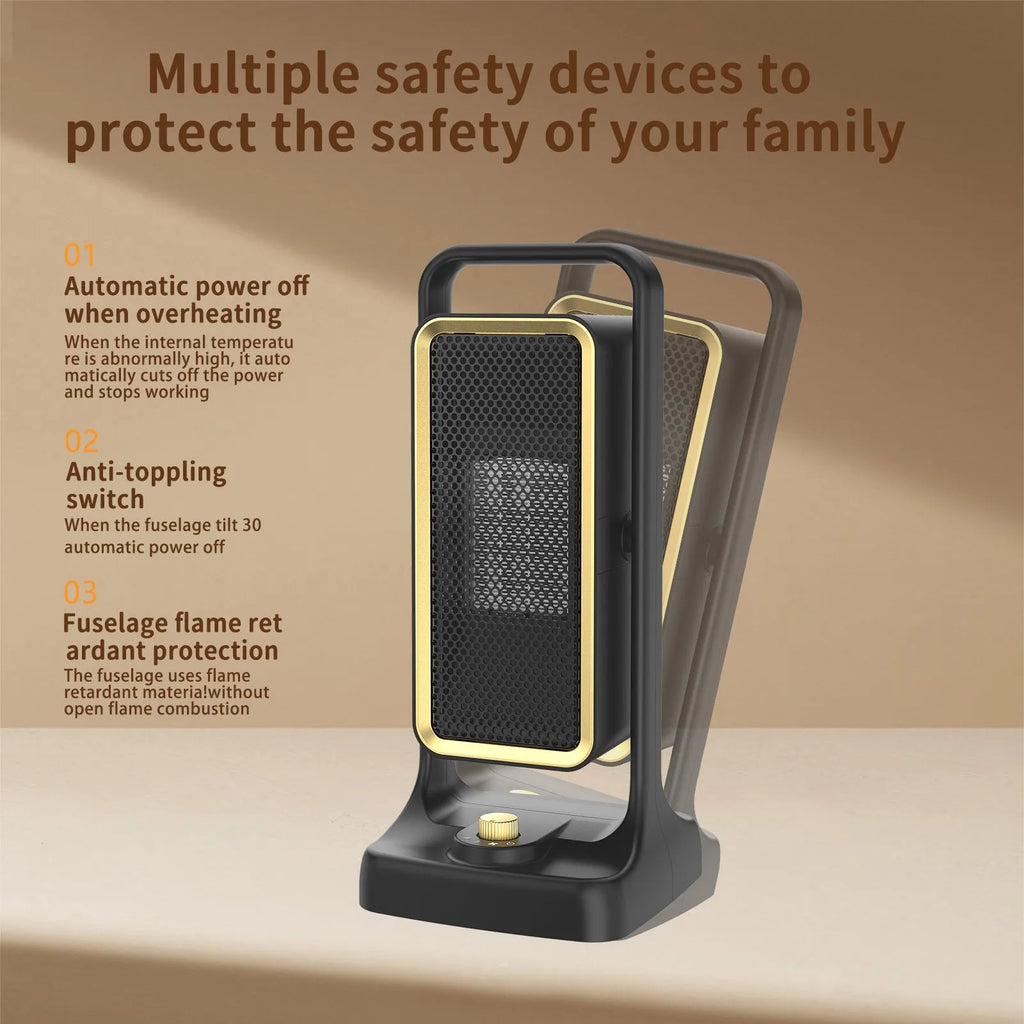 Compact black PTC ceramic desktop air heater with control knob on a wooden desk.