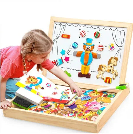Wooden magnetic puzzle and drawing board toy for children with animal theme pieces.