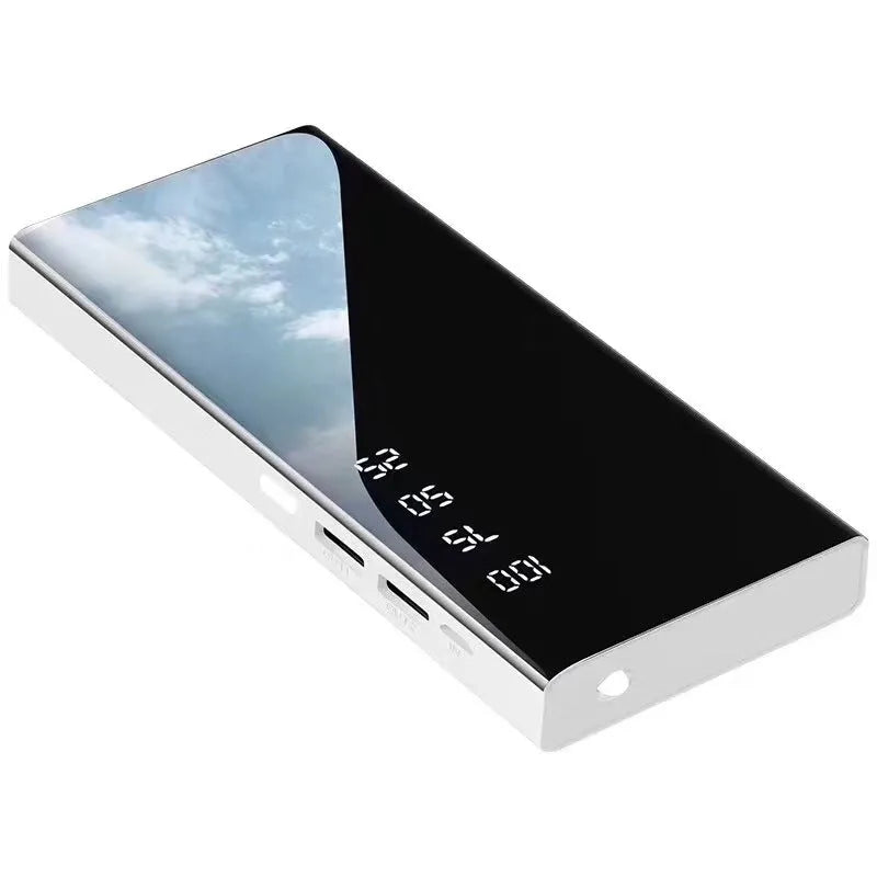 Black 20000mAh power bank with LCD display showing battery level and two USB ports