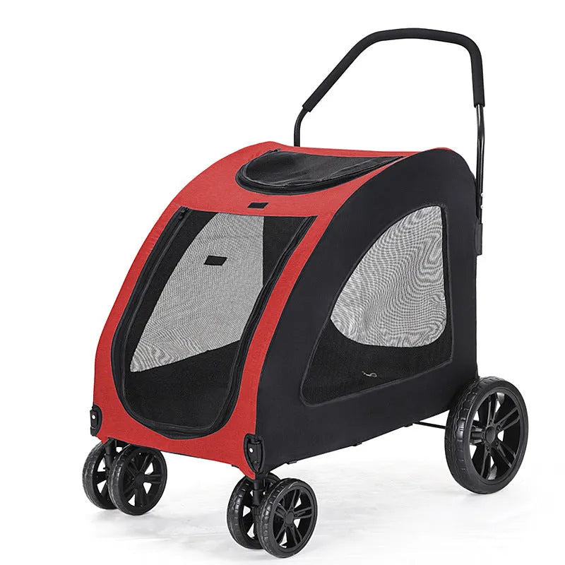 Grey foldable pet stroller for medium to large dogs with metal frame and cloth body