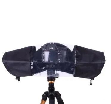 Black DSLR camera rain cover with elastic edges protecting long lens from rainfall