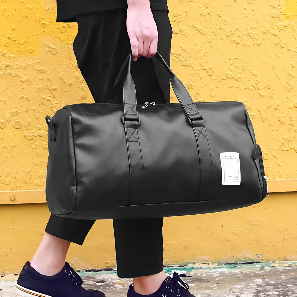 Black waterproof sports fitness bag with a separate shoe compartment, shown in two size options.