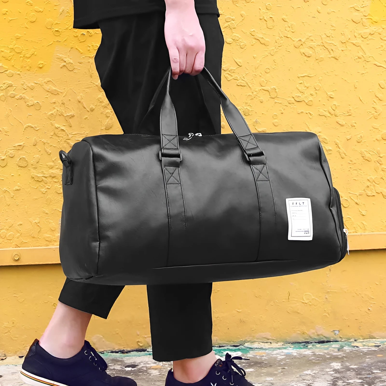 Black waterproof sports fitness bag with a separate shoe compartment, shown in two size options.