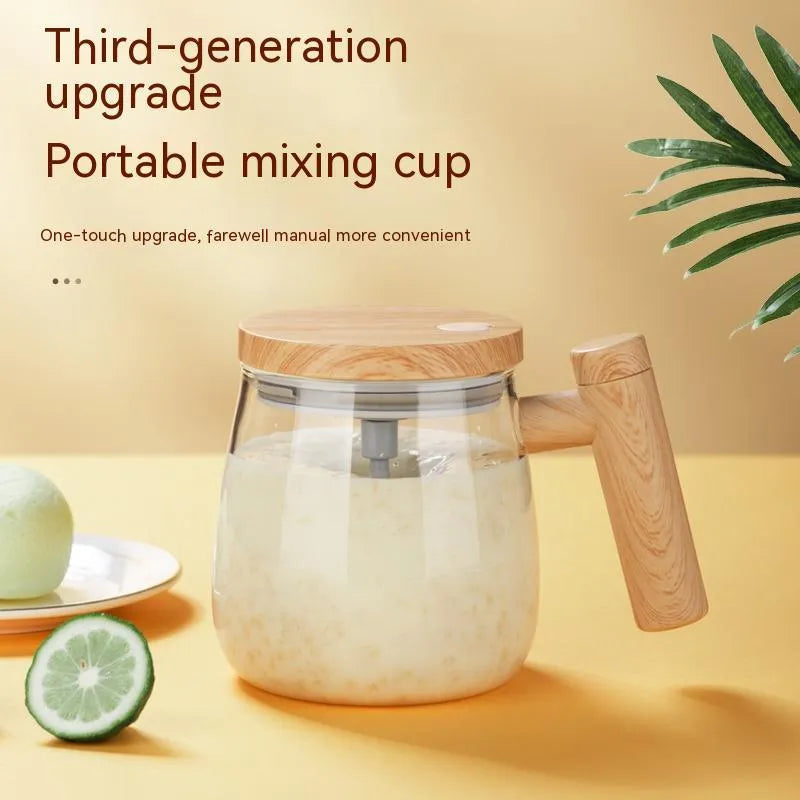 Clear borosilicate glass self-stirring coffee mug with electric mixing button and 400ml capacity