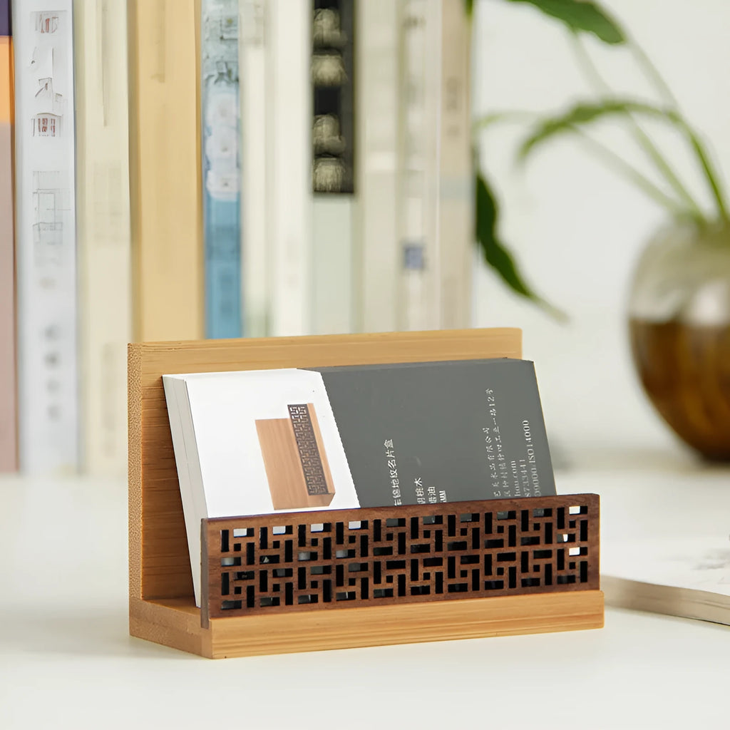 Geometric business card case in bamboo and black walnut wood with 80-card capacity
