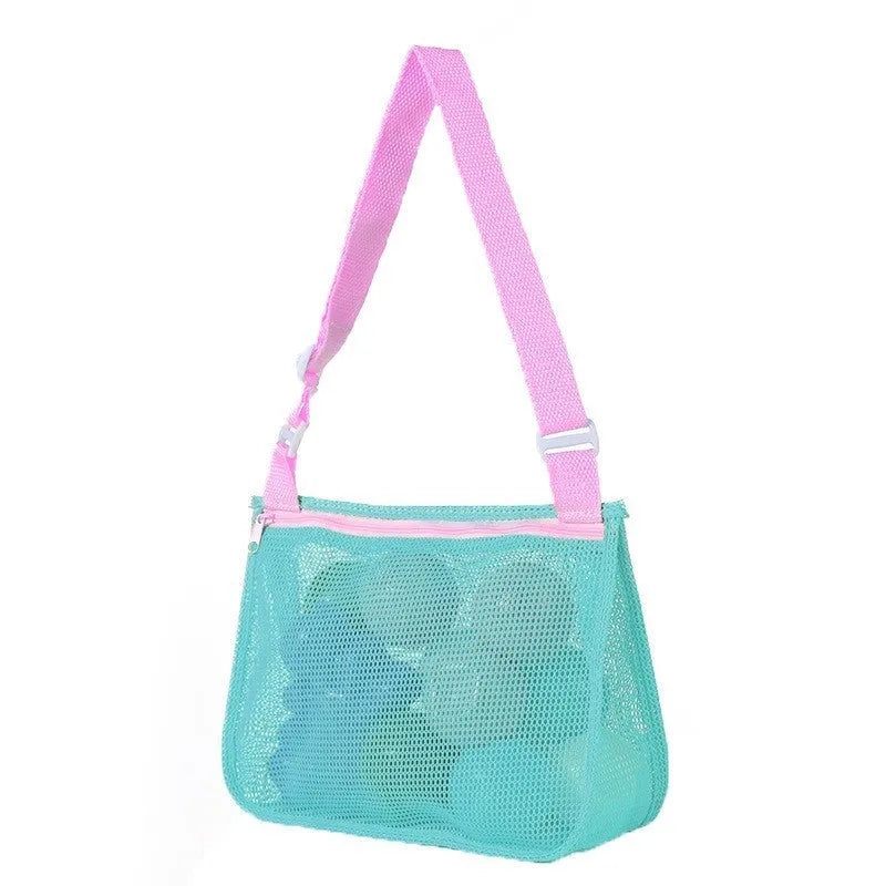 Blue children's drawstring travel storage bag made of mesh, showing size and handbag shape.