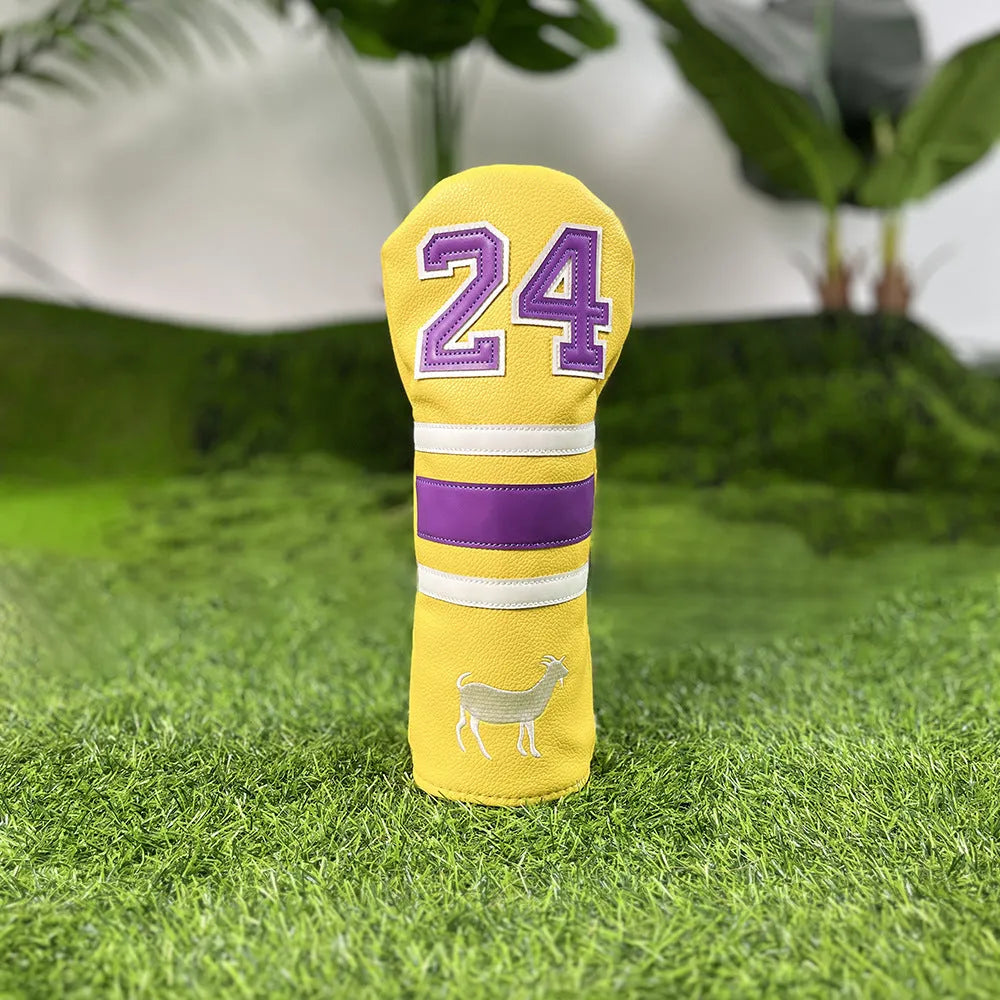 Set of coloured chicken drumstick design golf club head covers for fairway woods, a square putter, and irons.