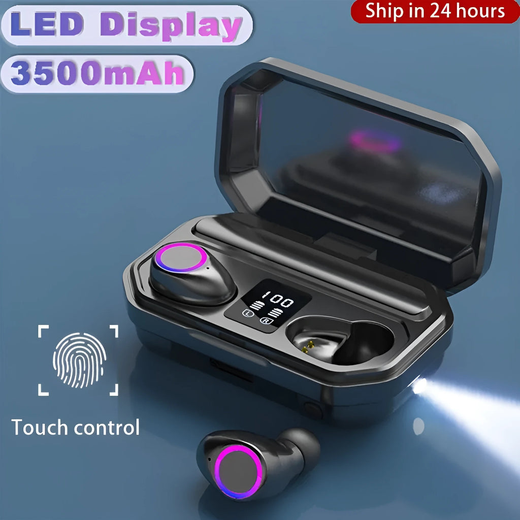 Black wireless Bluetooth headset with LED power display showing battery level