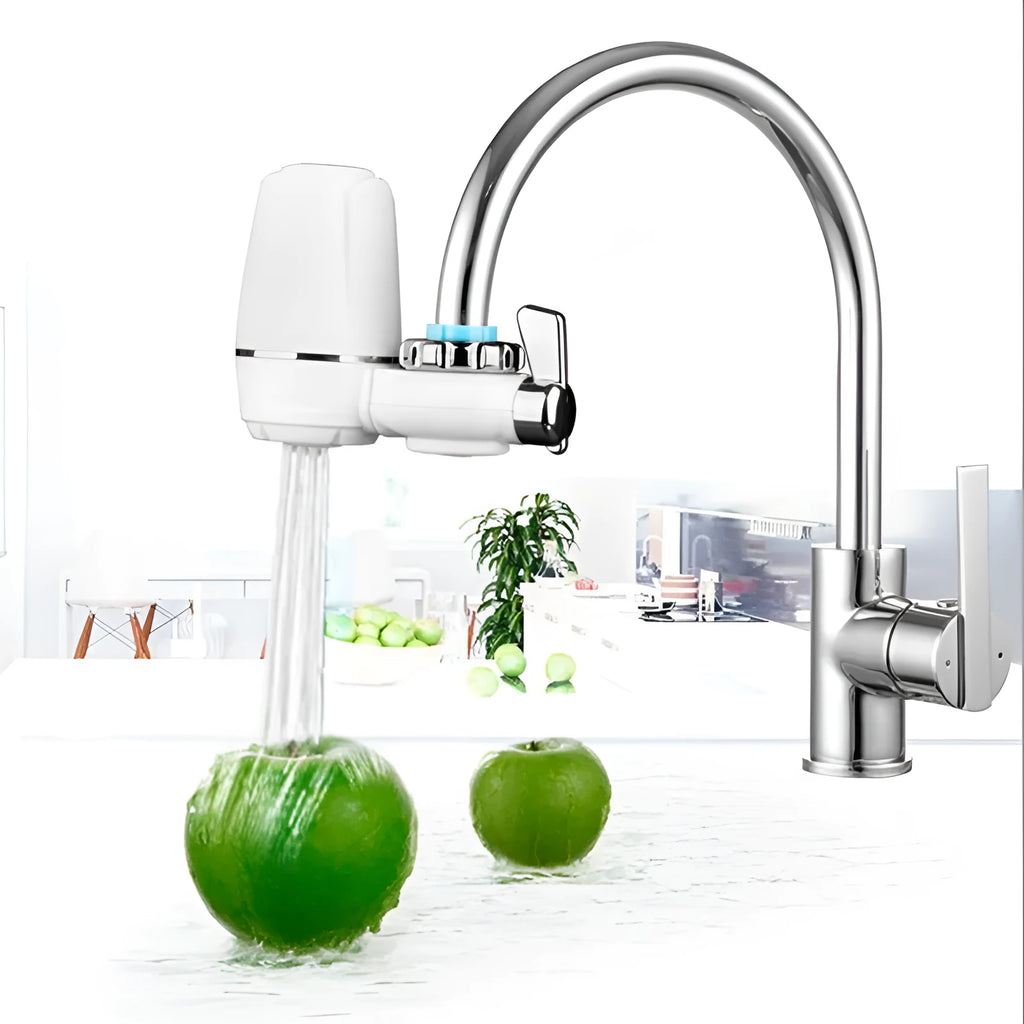 White plastic faucet water filter with switch lever and ceramic cartridge, shown with universal tap adapters.
