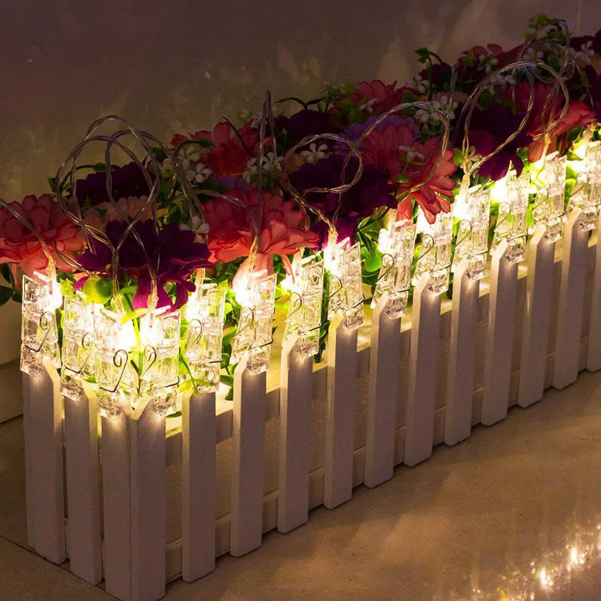 LED photo holder string lights with 10 warm white bulbs and photo clips on a wall 160cm length
