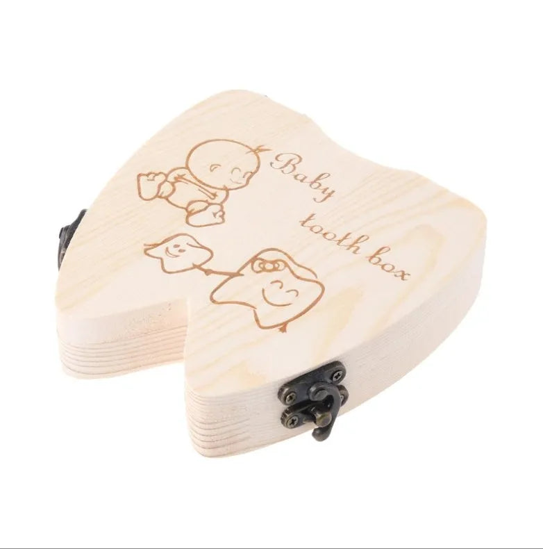 Wooden baby tooth box with carved record table for deciduous teeth storage in natural wood colour