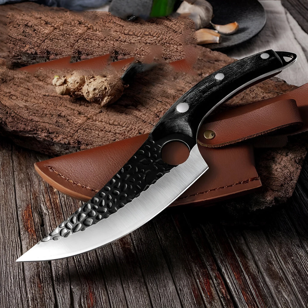 Butcher scimitar knife with curved blade and leather sheath for slaughtering and skinning animals