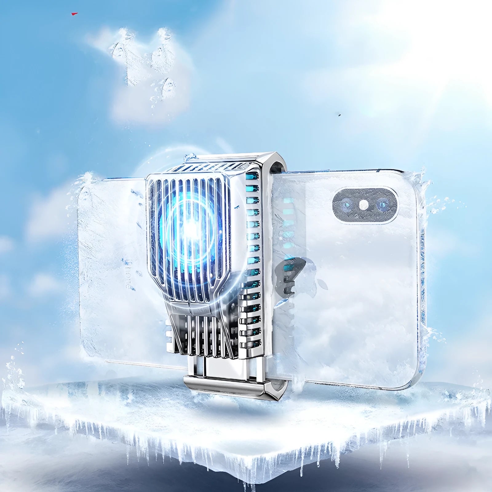 Mobile phone radiator with clip design showing aluminium alloy cooling fins and ABS plastic body