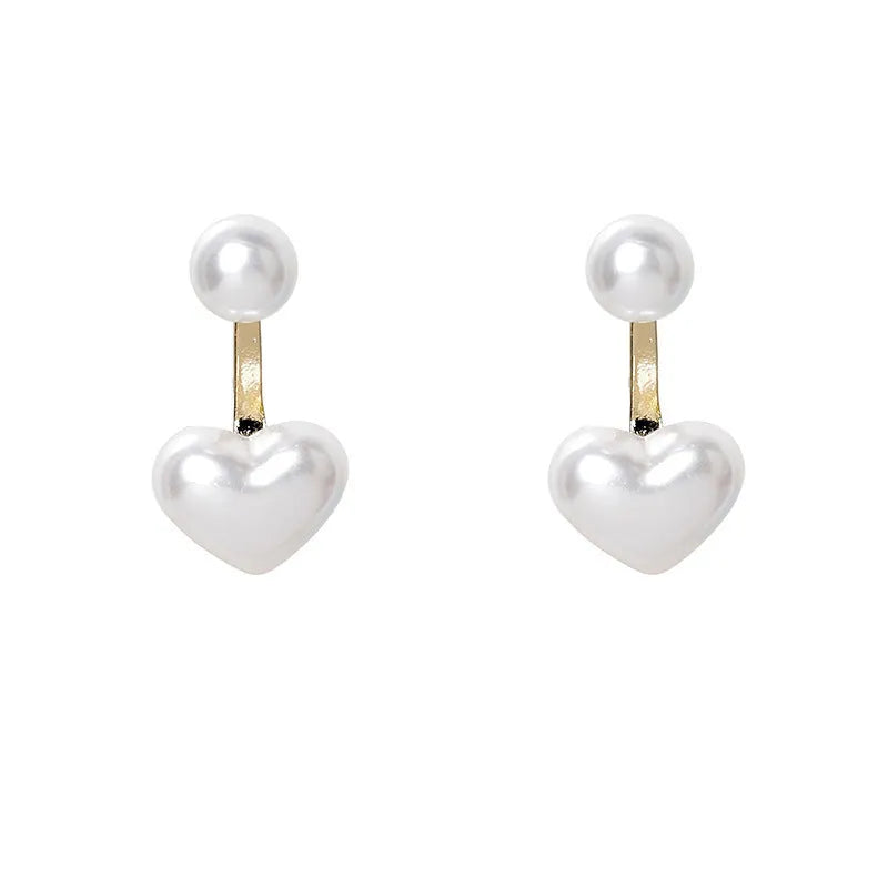 Heart-shaped pearl stud earrings with Korean design, alloy construction, electroplated finish and artificial gem accents