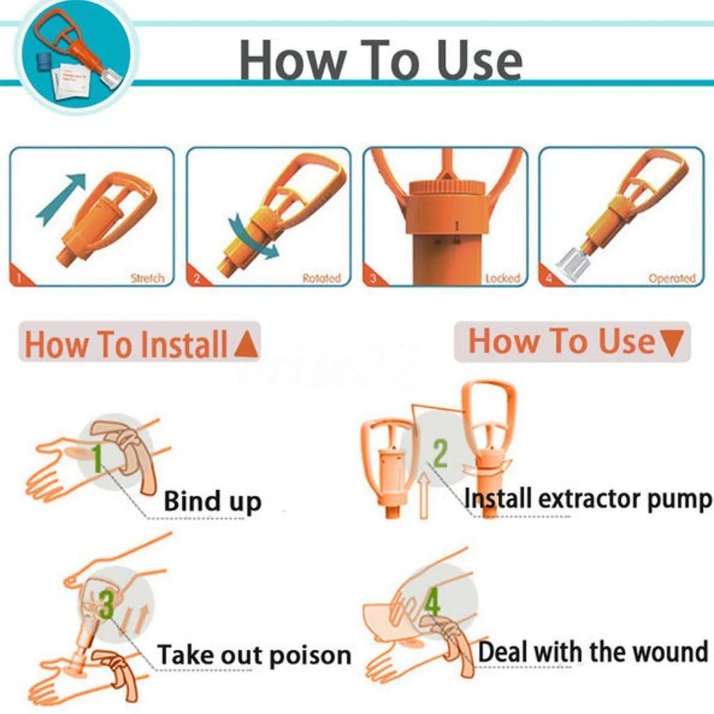 Orange portable venom extractor suction device first aid kit with pump, two suction cups, and accessories.