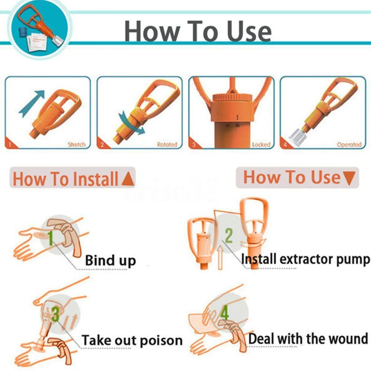 Orange portable venom extractor suction device first aid kit with pump, two suction cups, and accessories.