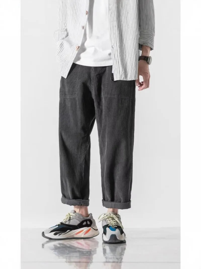 Loose straight-leg pants in chemical fibre blend fabric in dark grey colour