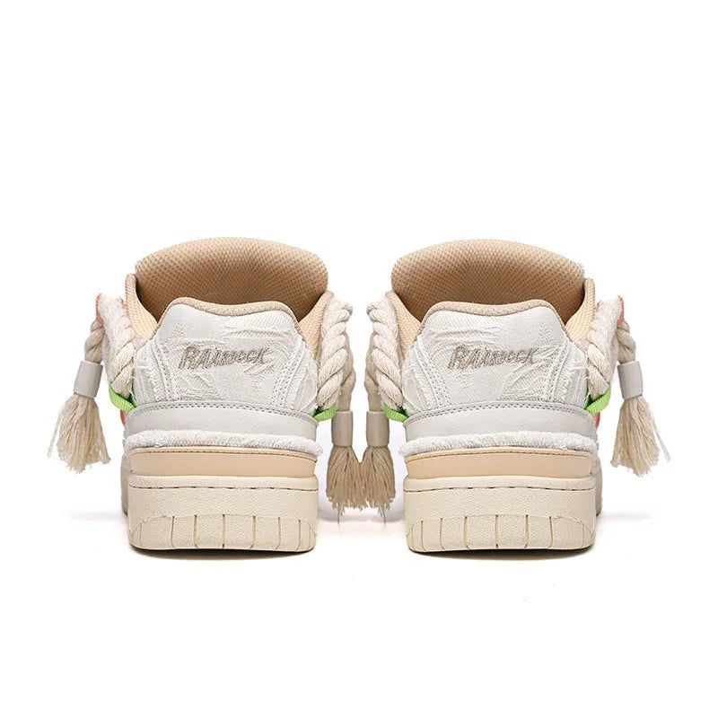 Creamy white retro skateboard shoes with old damage lace detailing and platform sole