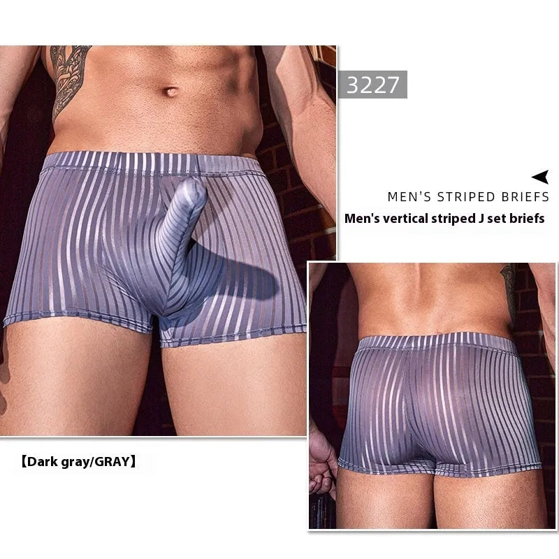 Men's black and white striped nylon boxer briefs laid flat, showing free size elastic waistband.