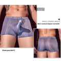 Men's black and white striped nylon boxer briefs laid flat, showing free size elastic waistband.