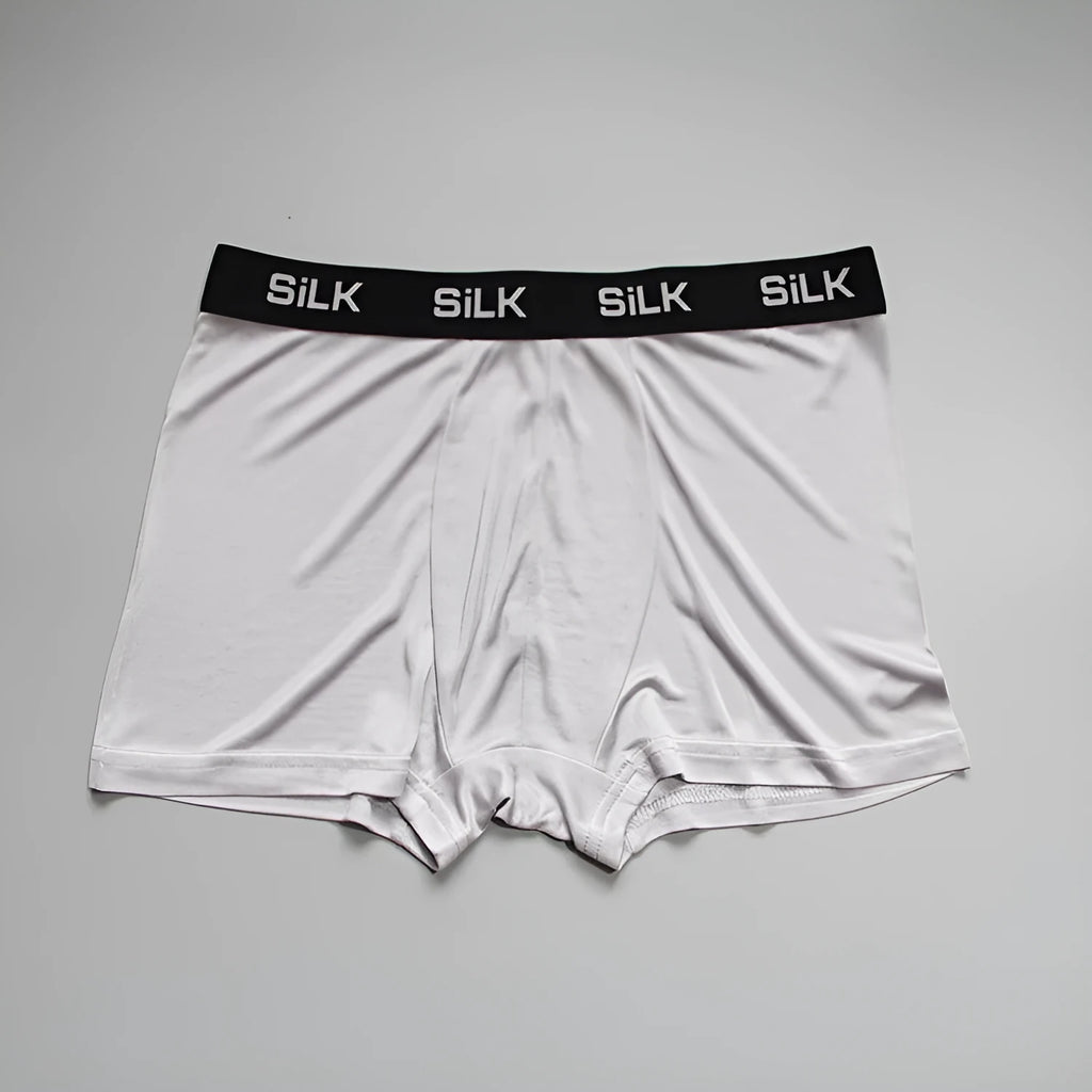 Men's navy blue silk shorts with mid-waist design on hanger