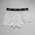 Men's navy blue silk shorts with mid-waist design on hanger