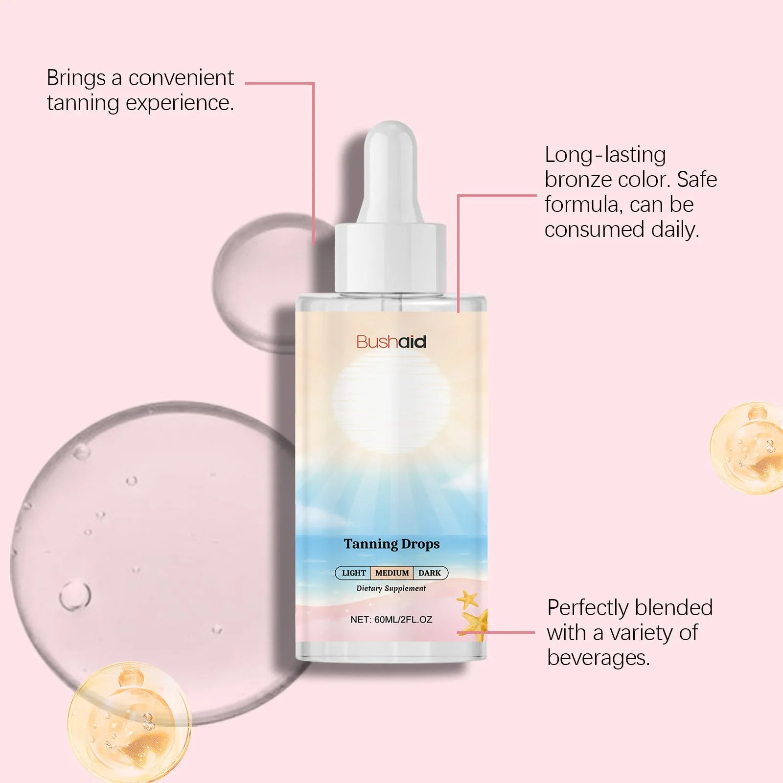 60ml bottle of tanning drops for a sunless body tan, shown with dropper.